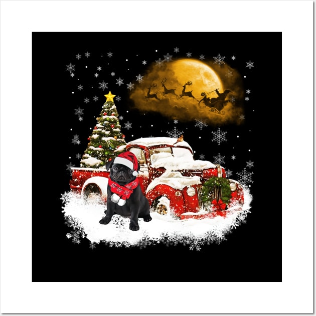 Red Truck Xmas Tree Black Pug Christmas Wall Art by Benko Clarence